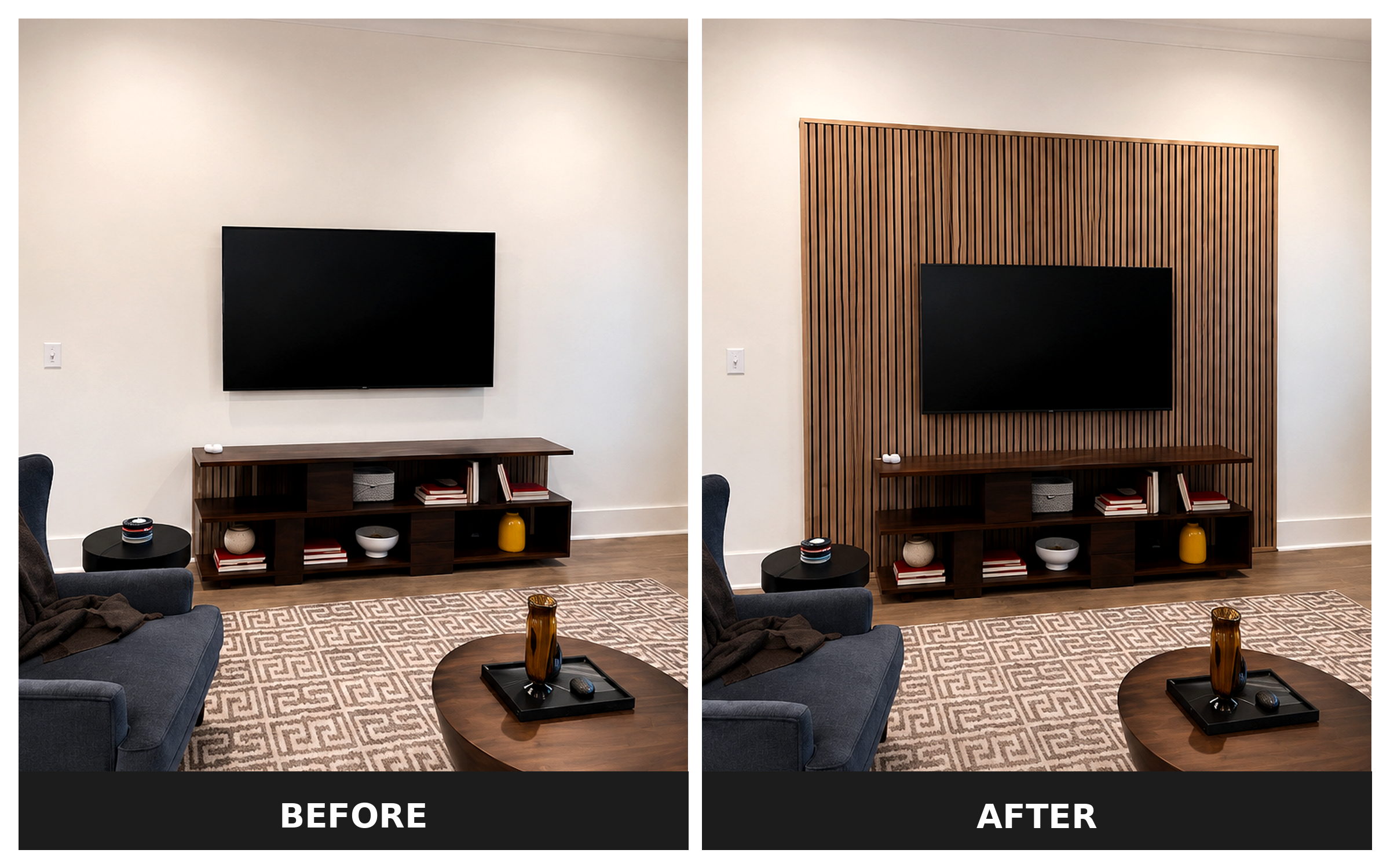 A blank living room wall became a custom feature wall with the addition of wood slat paneling behind the mounted TV. The finished design adds warmth, texture, and a more elevated look to the space while helping the entertainment area feel intentional