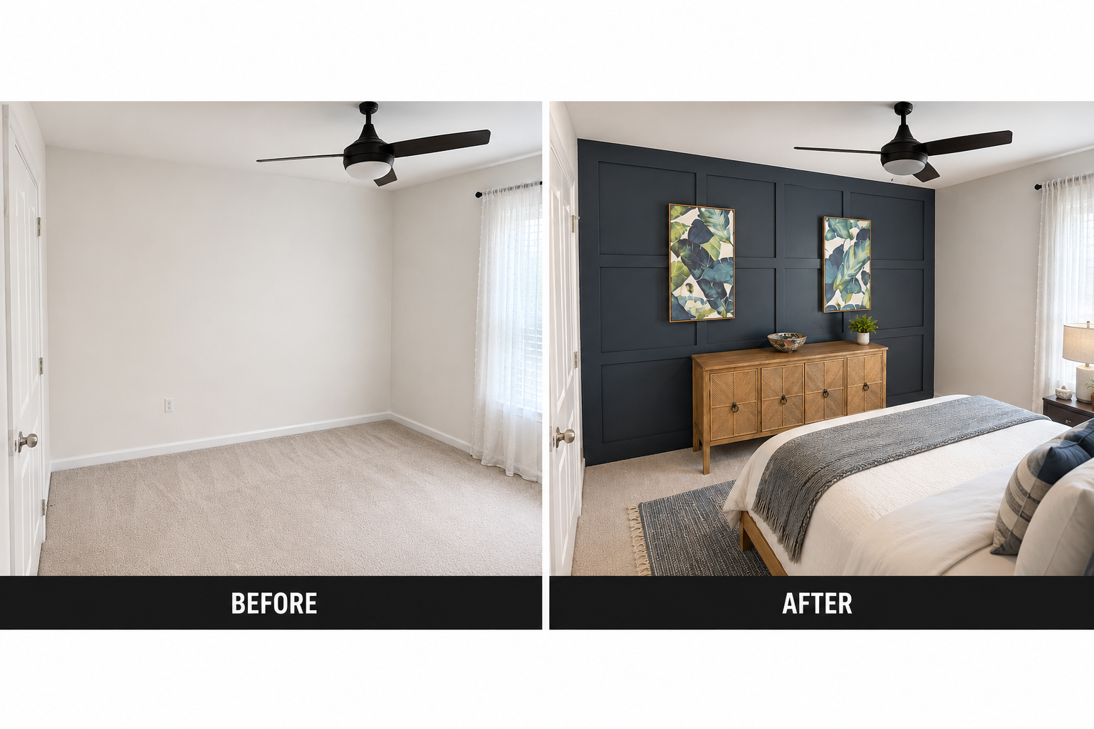 A simple bedroom became a more finished and inviting retreat with the addition of a custom board and batten accent wall. The deep wall color adds contrast and character, while the clean trim work creates a high-end focal point that gives the room a m