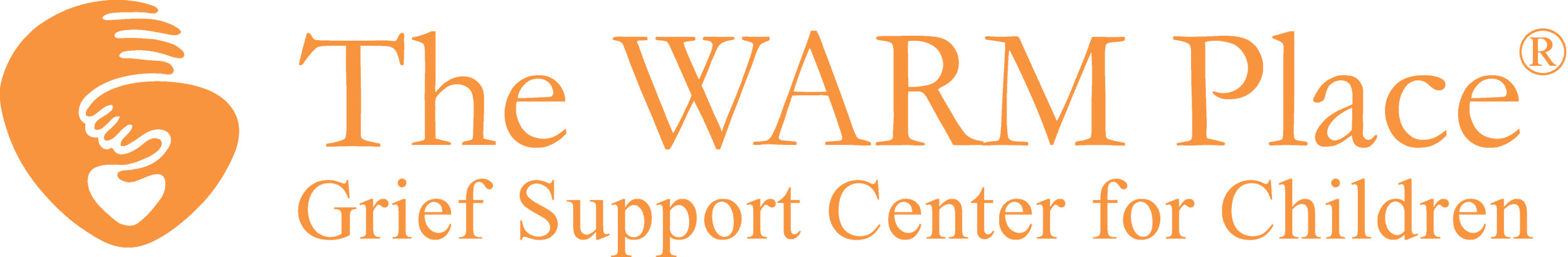 Logo for The WARM Place, grief support center for children, featuring an orange heart with two hands cradling a smaller heart.