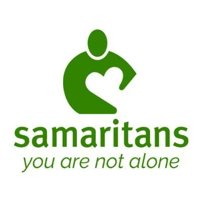 Green logo featuring a stylized person with a heart on their chest, and the text 'Samaritans you are not alone'.