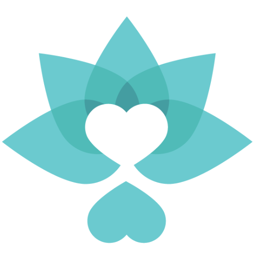 Stylized blue lotus flower with a heart-shaped center and three leaves below.