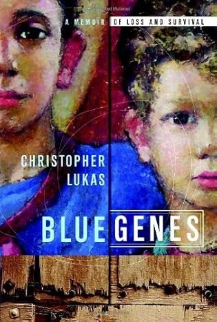 Book cover of 'Blue Genes' by Christopher Lukas with a split image of a young woman and a young man, colorful background, and wooden surface at the bottom.
