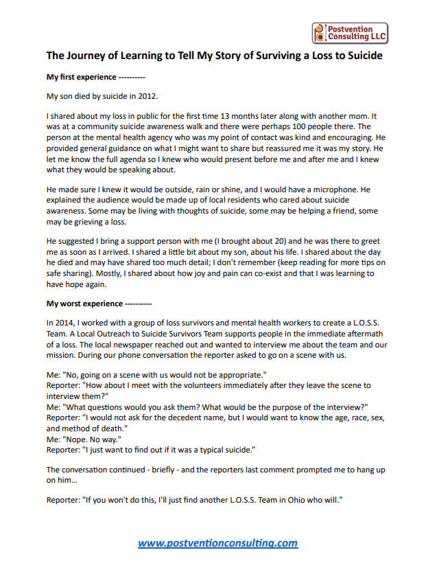 Document titled 'The Journey of Learning to Tell My Story of Surviving a Loss to Suicide' with a postvention consulting LLC logo at the top right. The document recounts a personal story about losing a son to suicide, sharing experiences with a mental health agency, supporting survivors, and a conversation with a reporter about a suicide prevention effort.
