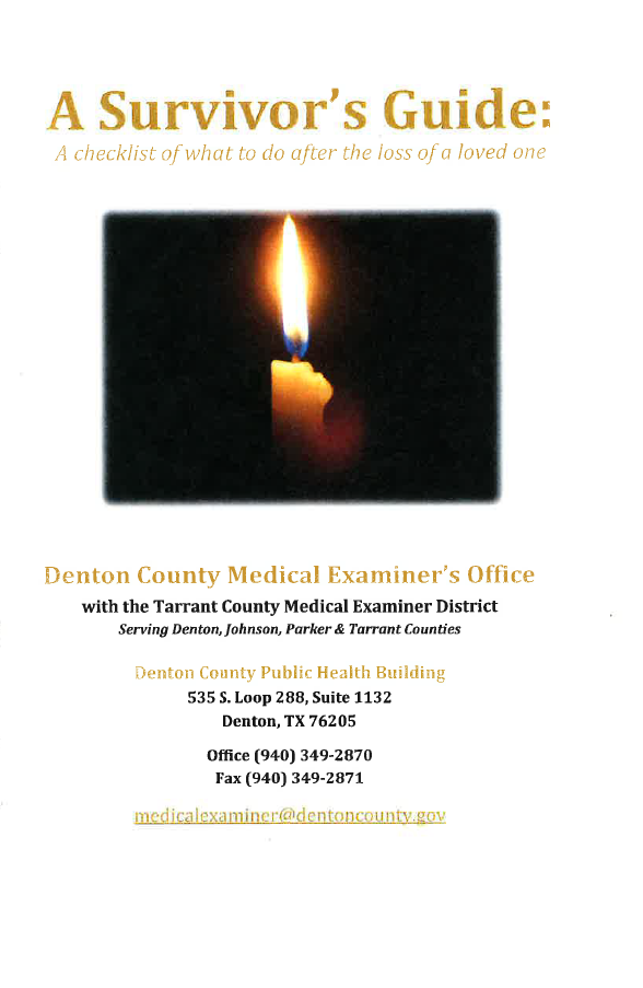 Cover page of a survivor's guide with a candle flame image, titled 'A Survivor's Guide: A checklist of what to do after the loss of a loved one,' provided by Denton County Medical Examiner's Office in Texas.