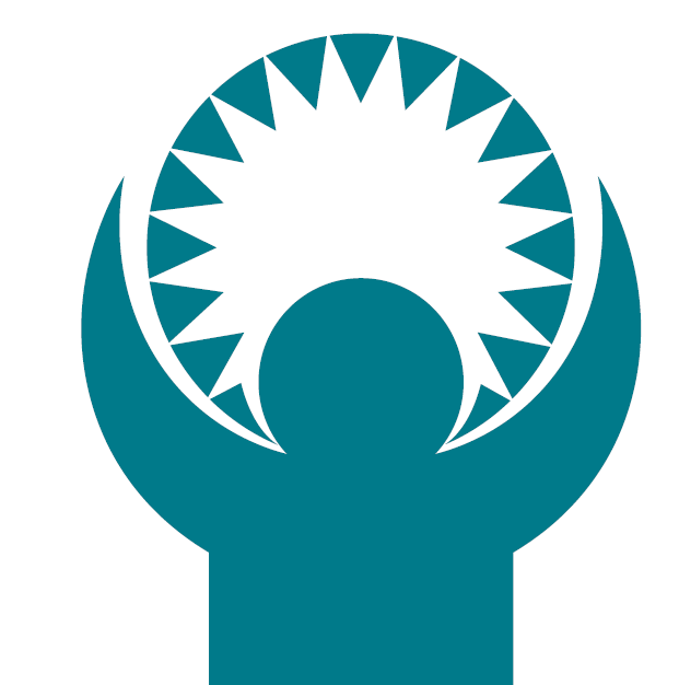 A stylized teal icon of a person holding a circular emblem with a gear and star pattern inside it.