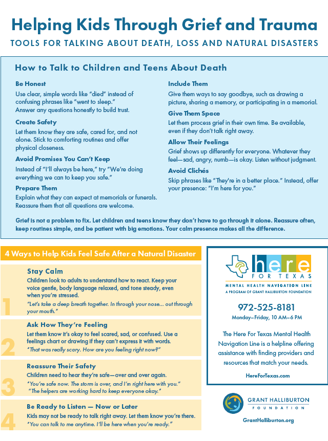 Guidance poster titled 'Helping Kids Through Grief and Trauma' with tips for talking to children about death, loss, and disasters, including sections on honesty, safety, promises, and preparation, along with four steps to help kids feel safe after a disaster.