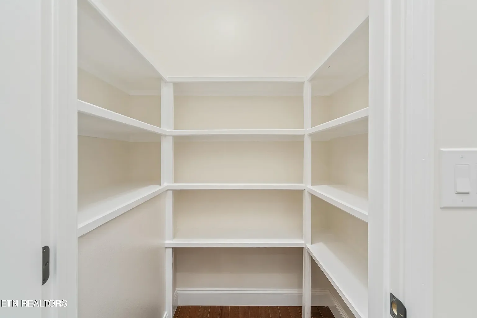 Painted custom pantry shelving.