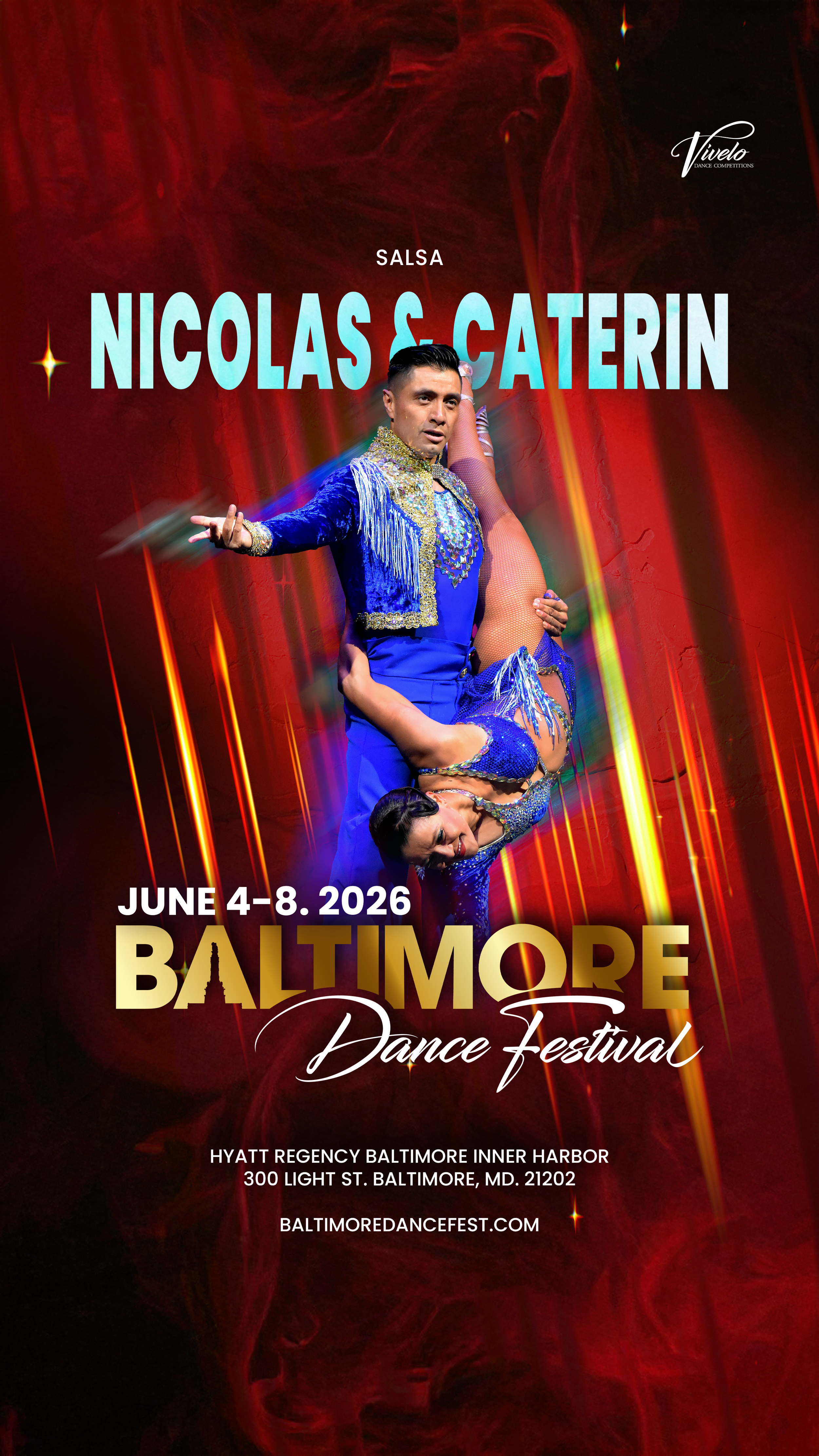 Event poster for the Baltimore Dance Festival with dates June 4-8, 2026, featuring a dancer in a blue costume and a performer with an extended leg. The background is red with abstract patterns and streaks of light.