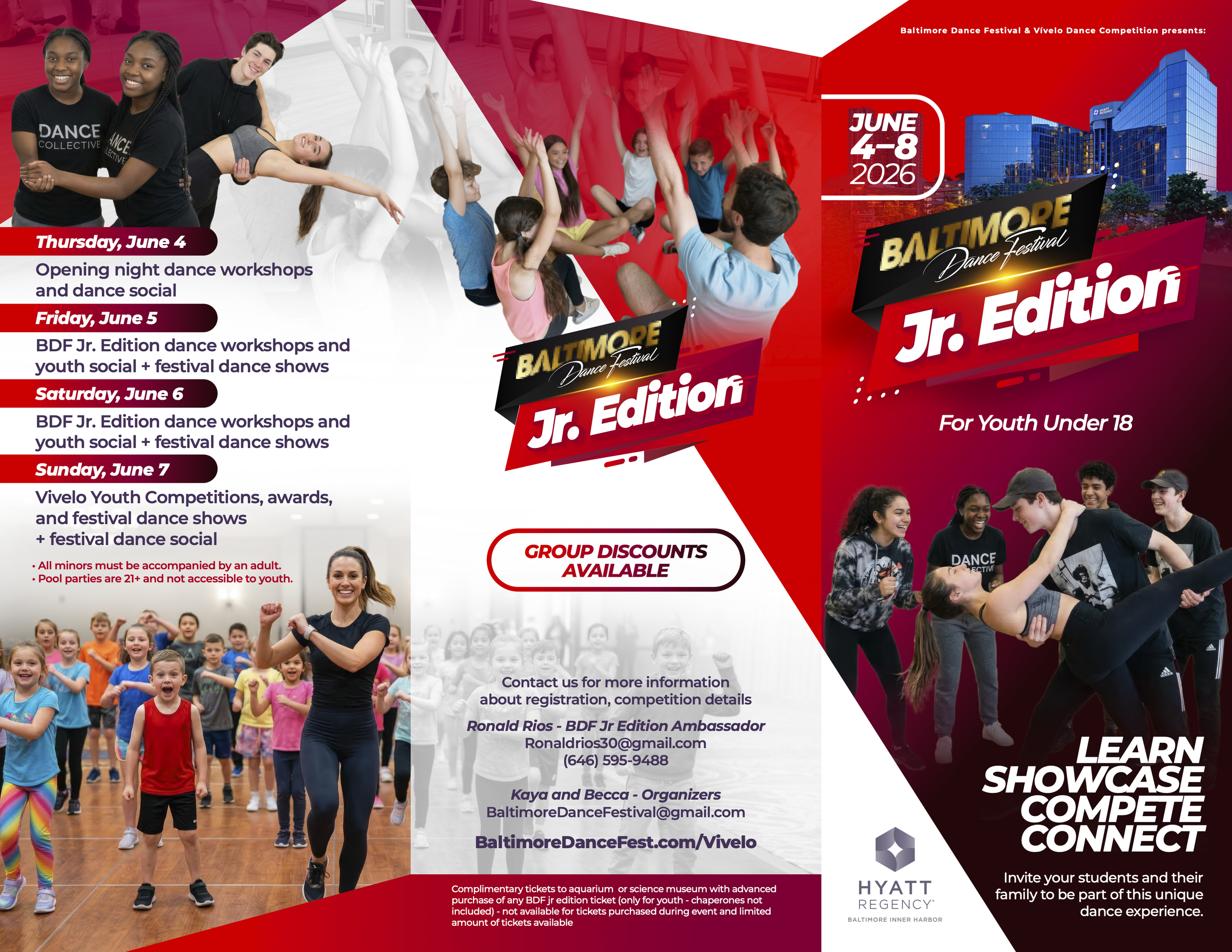Flyer for Baltimore Dance Festival Jr. Edition, June 4-8, 2026, with images of young dancers and dance workshops, awards, and social events for youth under 18, featuring colorful photos of kids dancing and group activities.