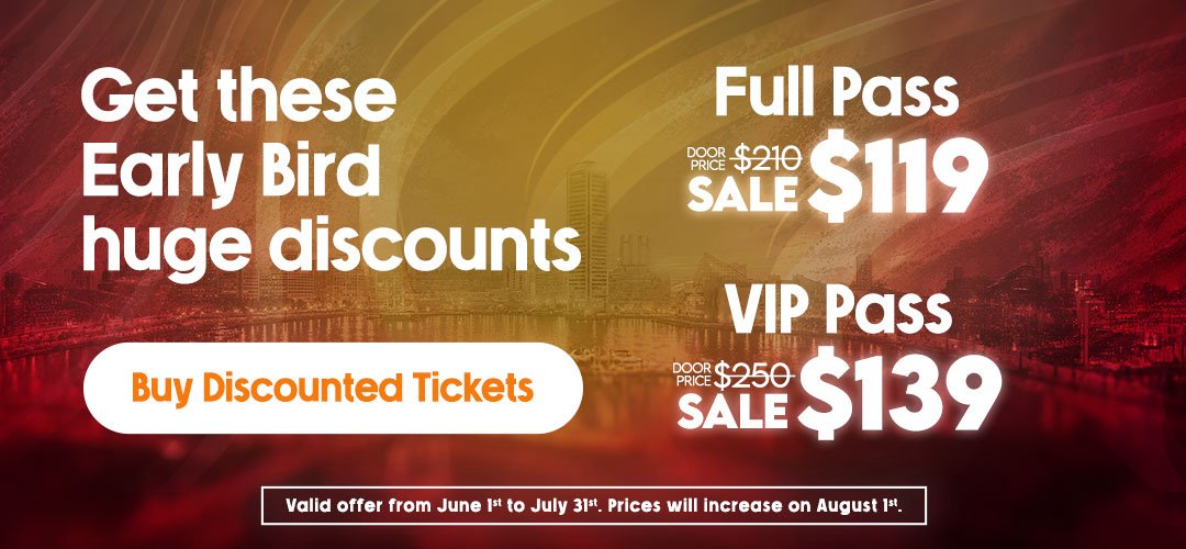 Professional salsa performance at the Baltimore Dance Festival on the main stage.. An advertisement promoting early bird ticket discounts for an event, with prices for full pass $119 and VIP pass $139, available from June 1 to July 31.