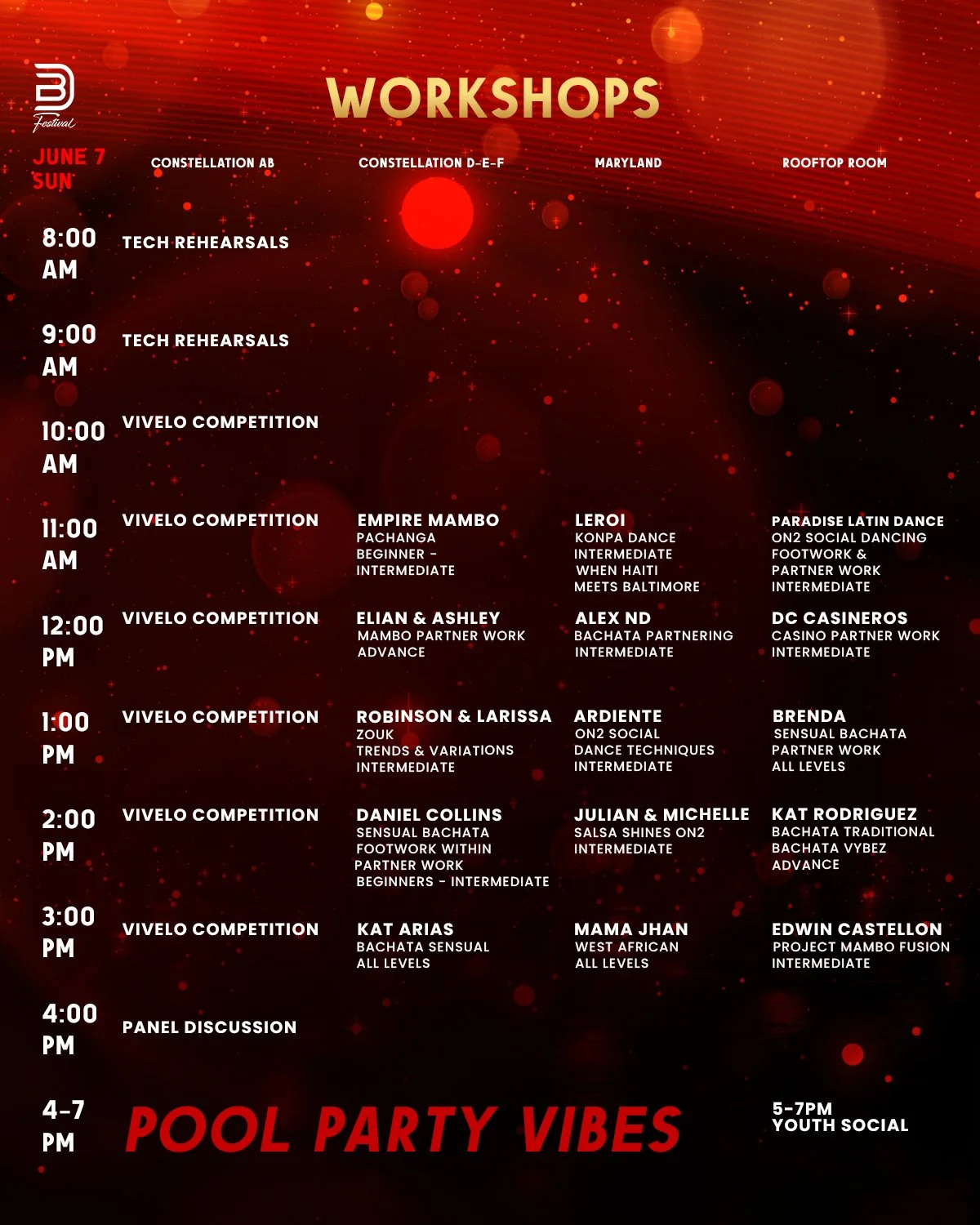 Schedule of dance workshops and activities at a festival on June 7, with various classes, competitions, and social events, all listed on a red and black background.