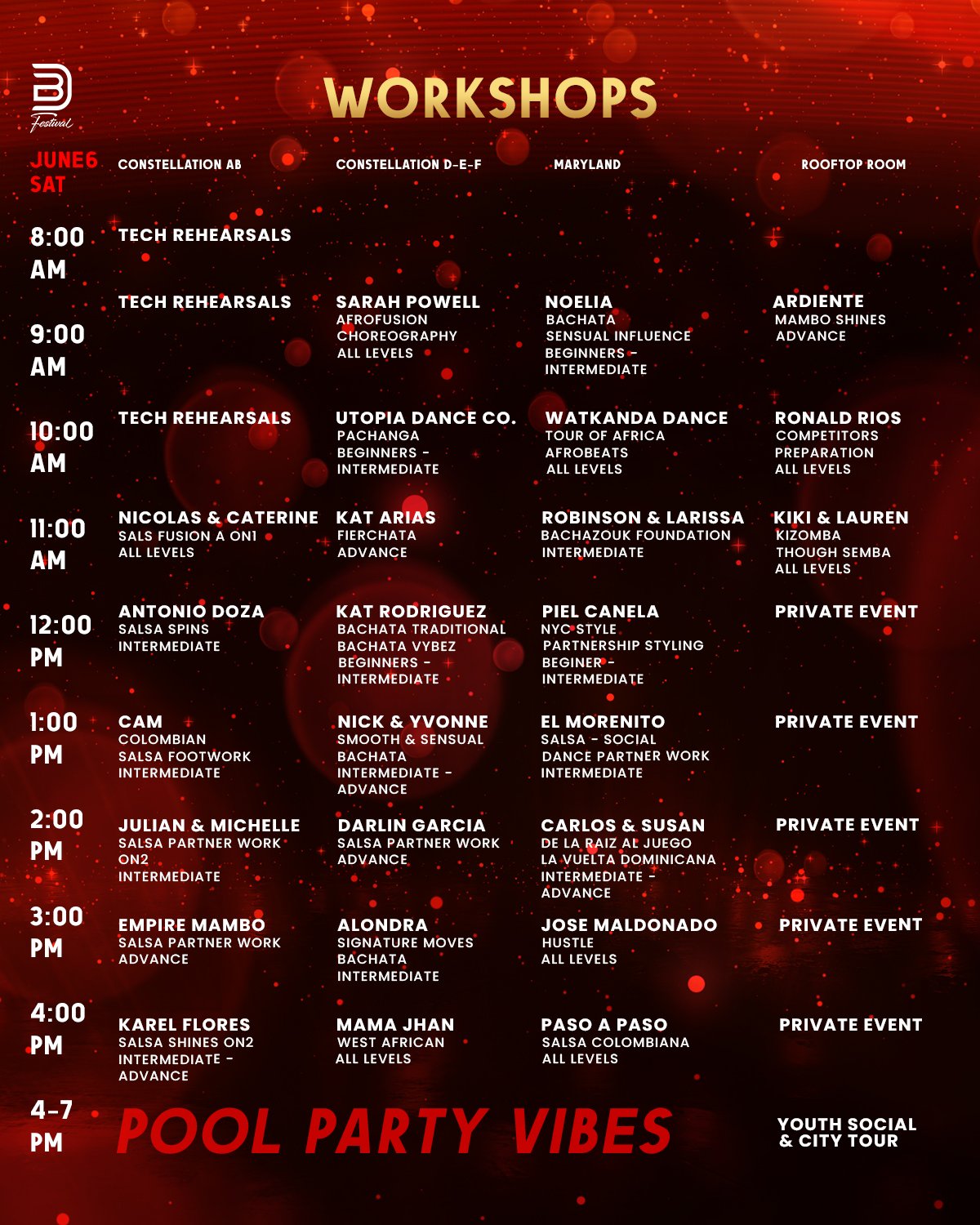 Schedule of workshops with times, instructor names, and dance styles, titled 'Workshops' on a red background with sparkles and bubbles, ending with 'Pool Party Vibes' at 4-7 PM.