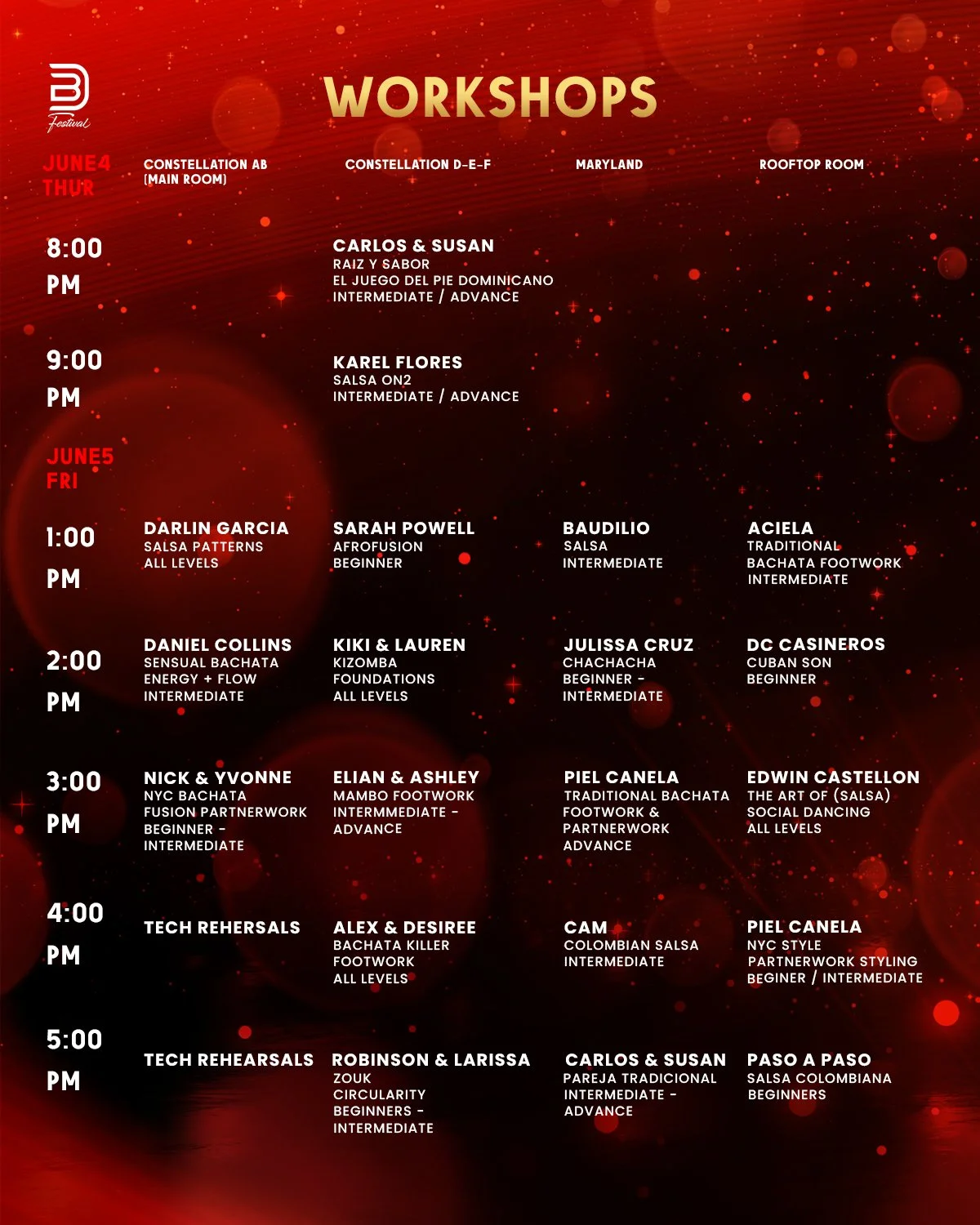 Schedule of dance workshops with dates, times, instructor names, dance styles, and skill levels on a red and black starry background.
