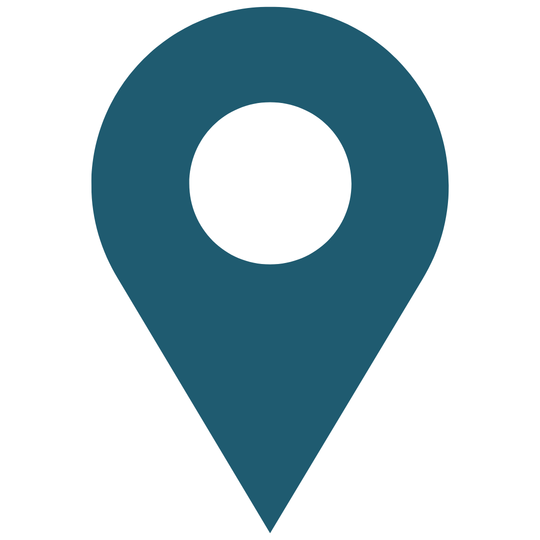 A blue map location pin icon with a black circle in the center.