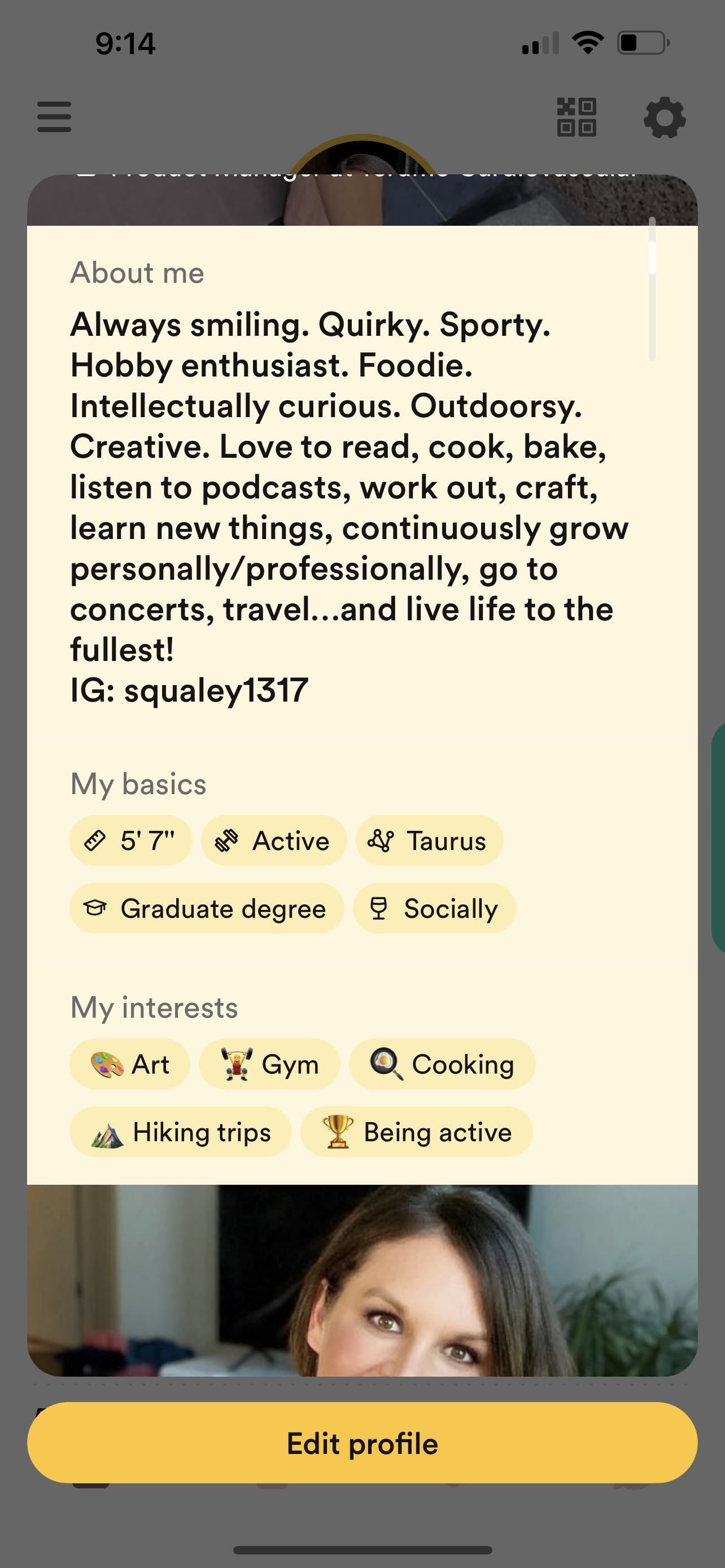 Profile page showing a bio, interests, and basic information of a woman on a dating app.