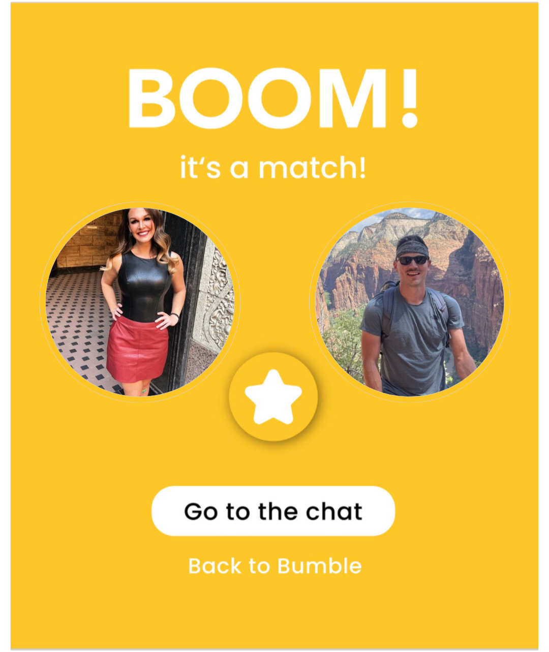 Bumble match notification with two profiles, a woman in a black top and red skirt on the left, a man in gray outdoors on the right, with a yellow background and a white star icon in the center.
