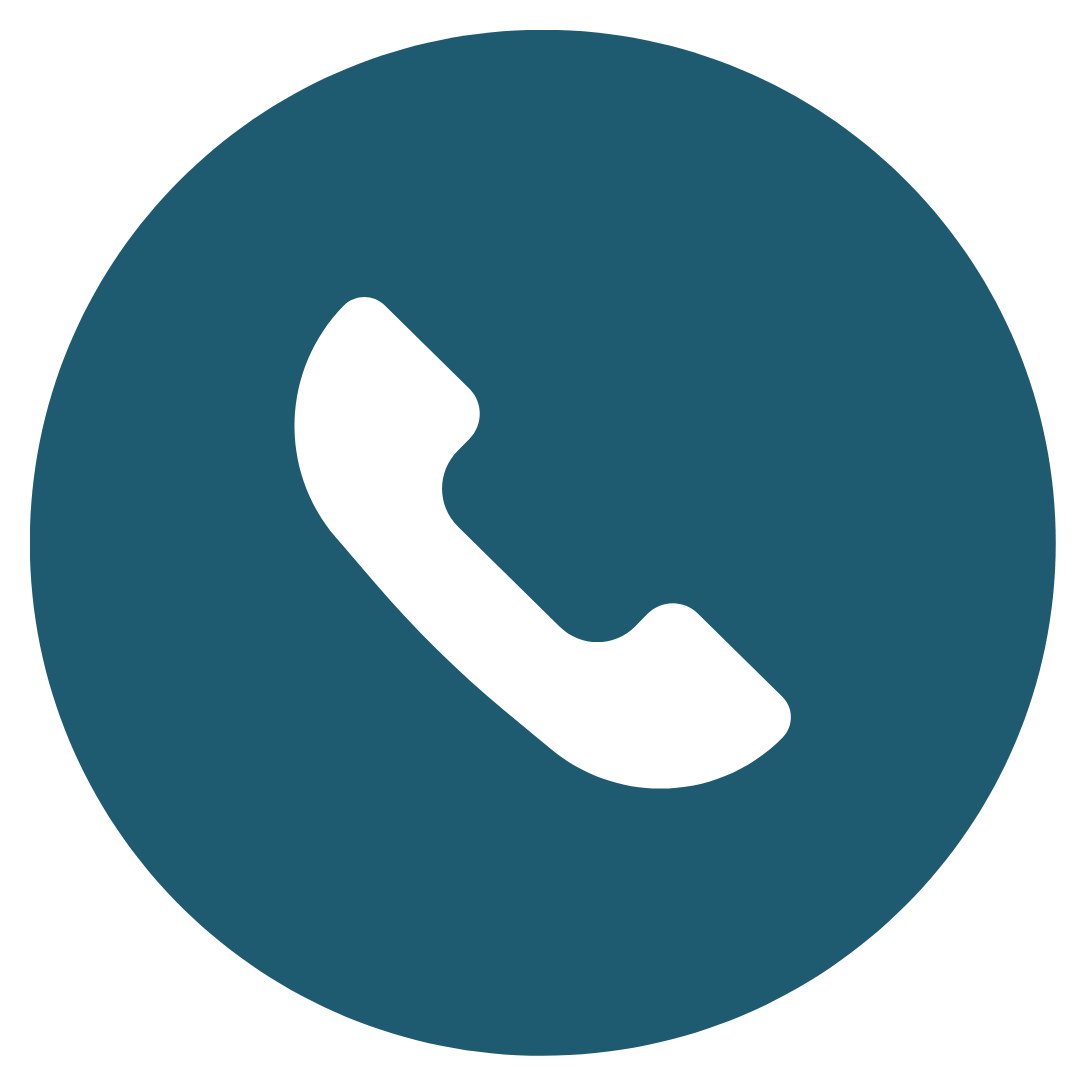Icon of a white telephone handset on a dark teal circular background