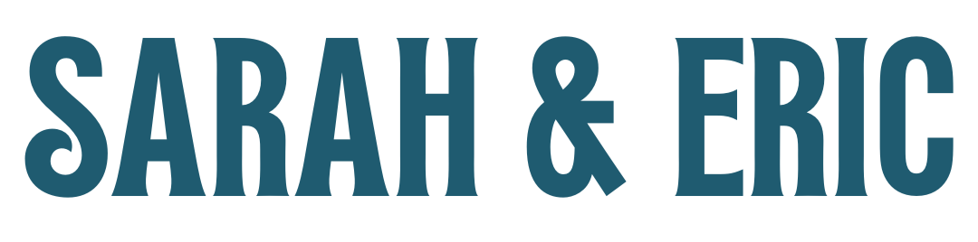 Graphic with the names "Sarah & Eric" in blue capital letters on a black background.