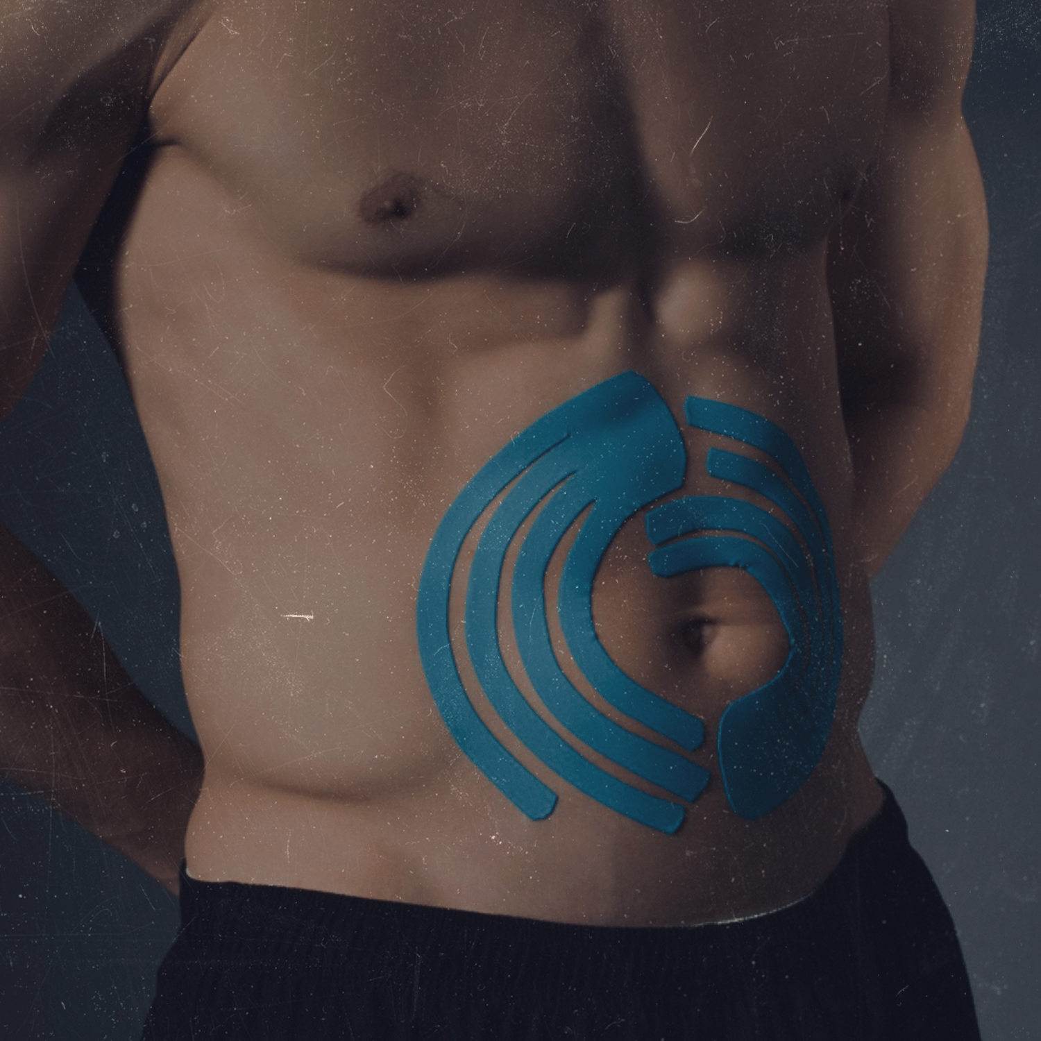 A shirtless person with a digital, blue, abstract design on their abdomen.