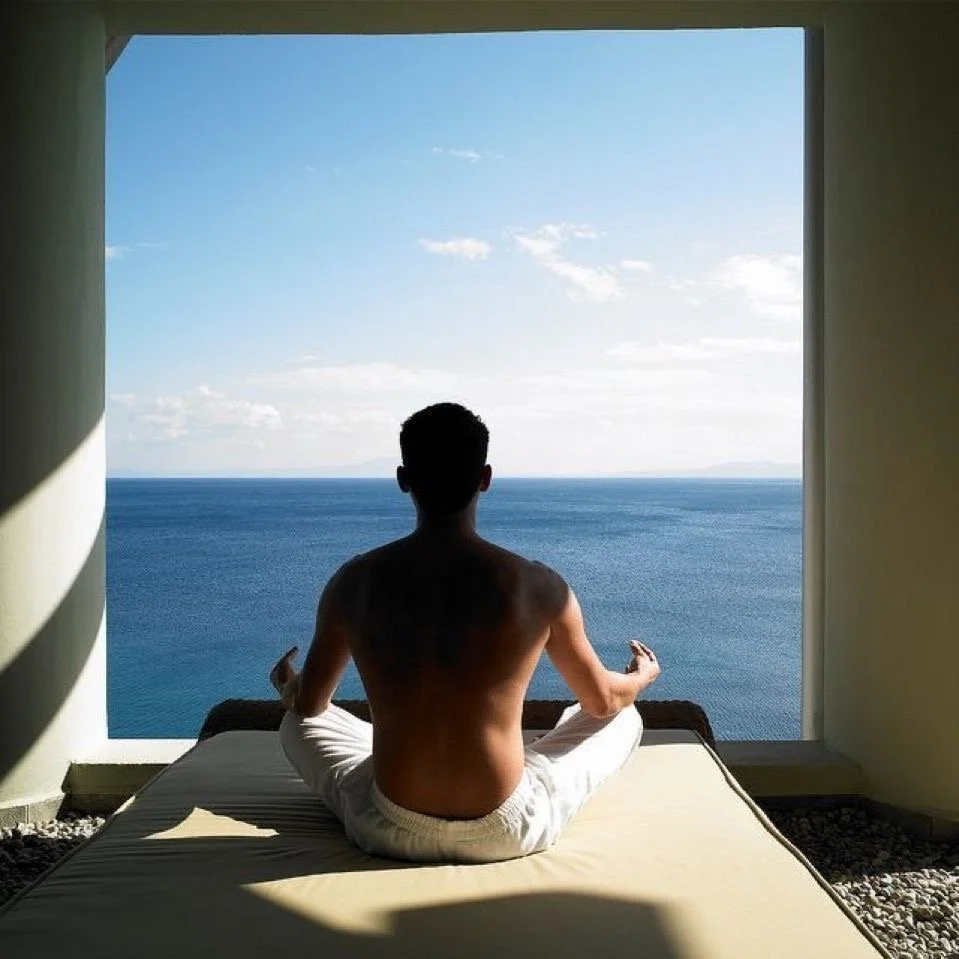 A man practicing yoga on a bed, facing a large window with a view of the ocean and sky.
