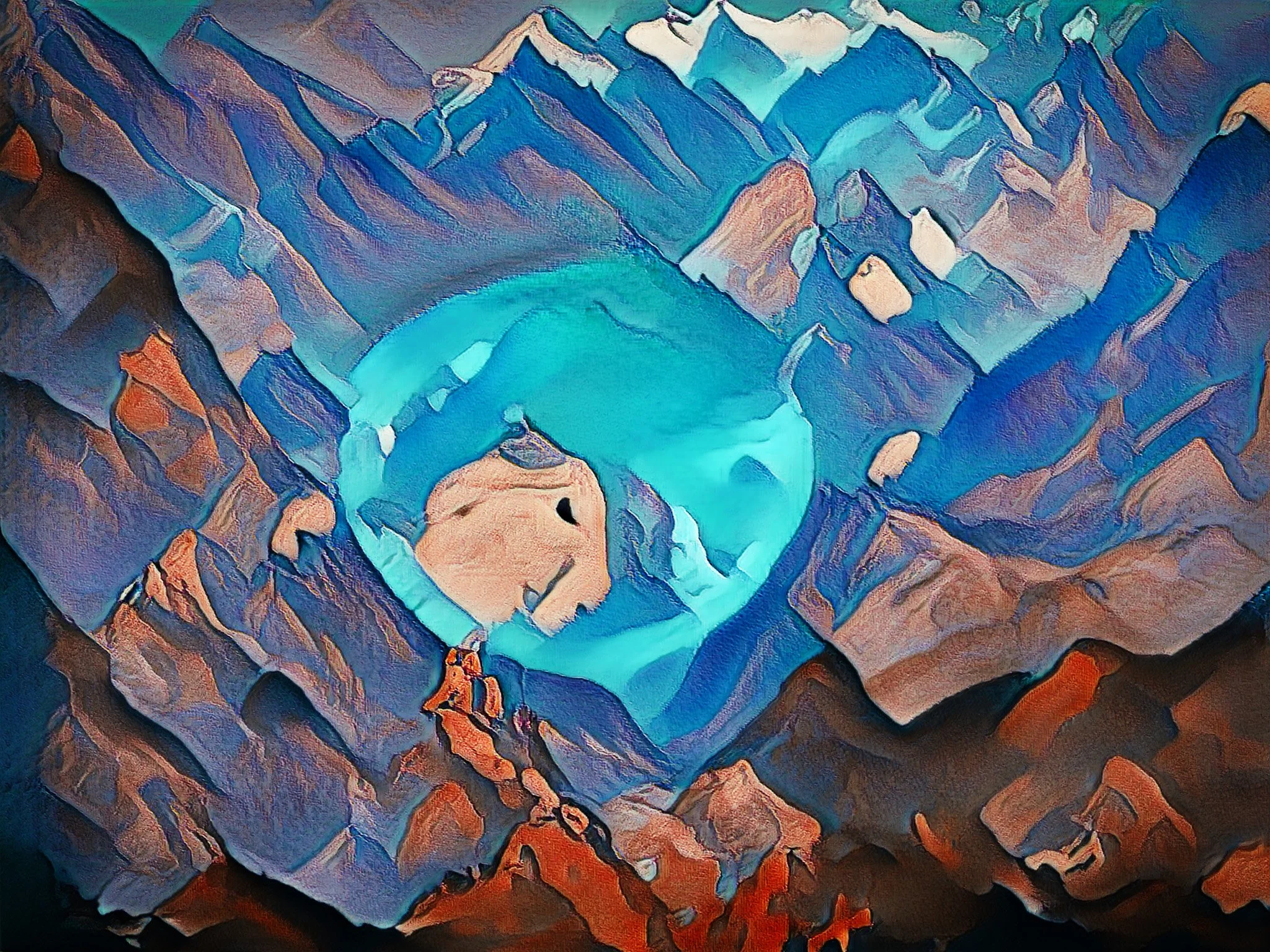 Illustration of a person lying down in a curling position, surrounded by mountains with a bright blue sky in the background.