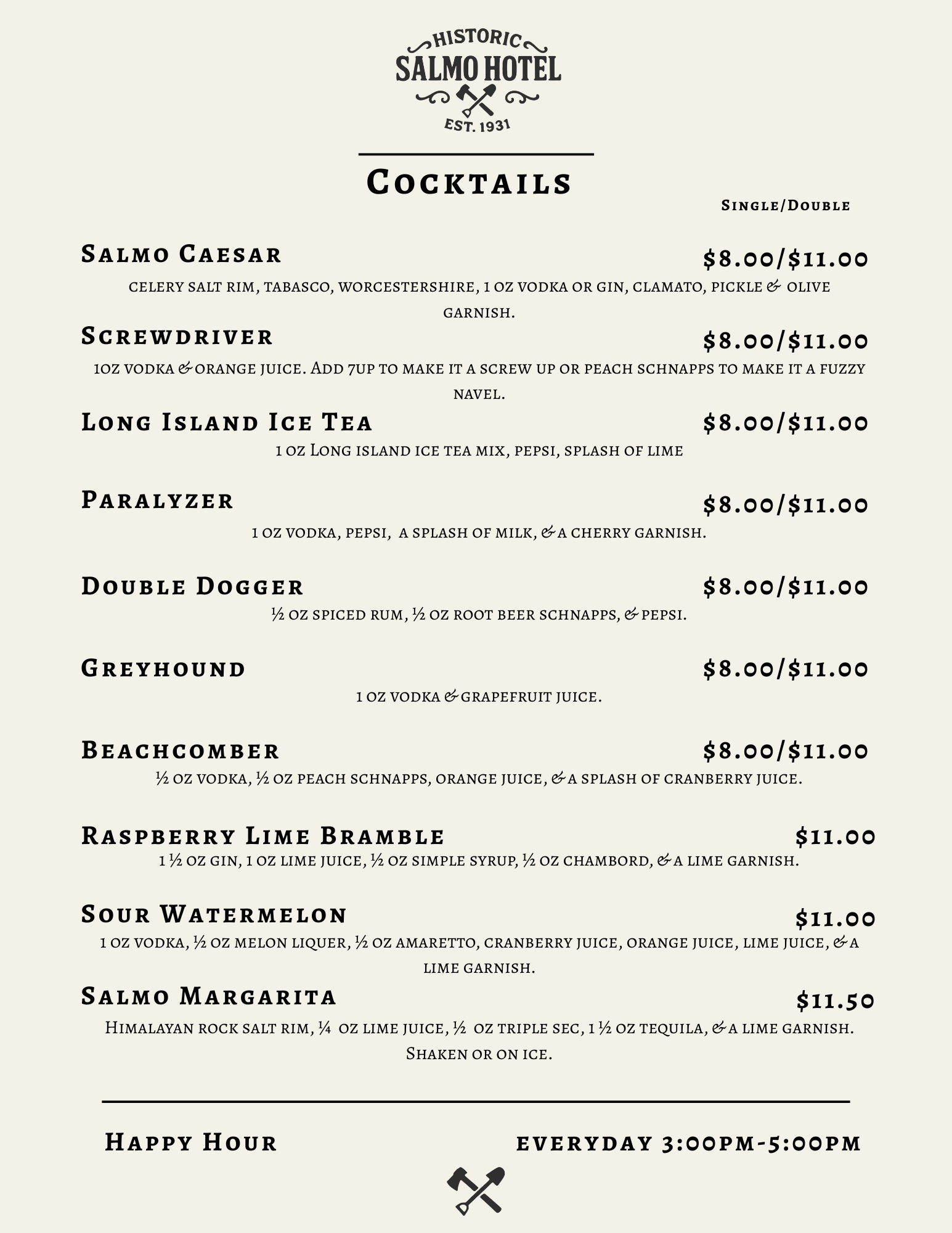 Menu from the Salmo Hotel listing various cocktails with descriptions and prices, including Salmo Caesar, Screwdriver, Long Island Ice Tea, Paralyzer, Double Dogger, Greyhound, Beachcomber, Raspberry Lime Bramble, Sour Watermelon, Salmo Margarita, and details about happy hour.