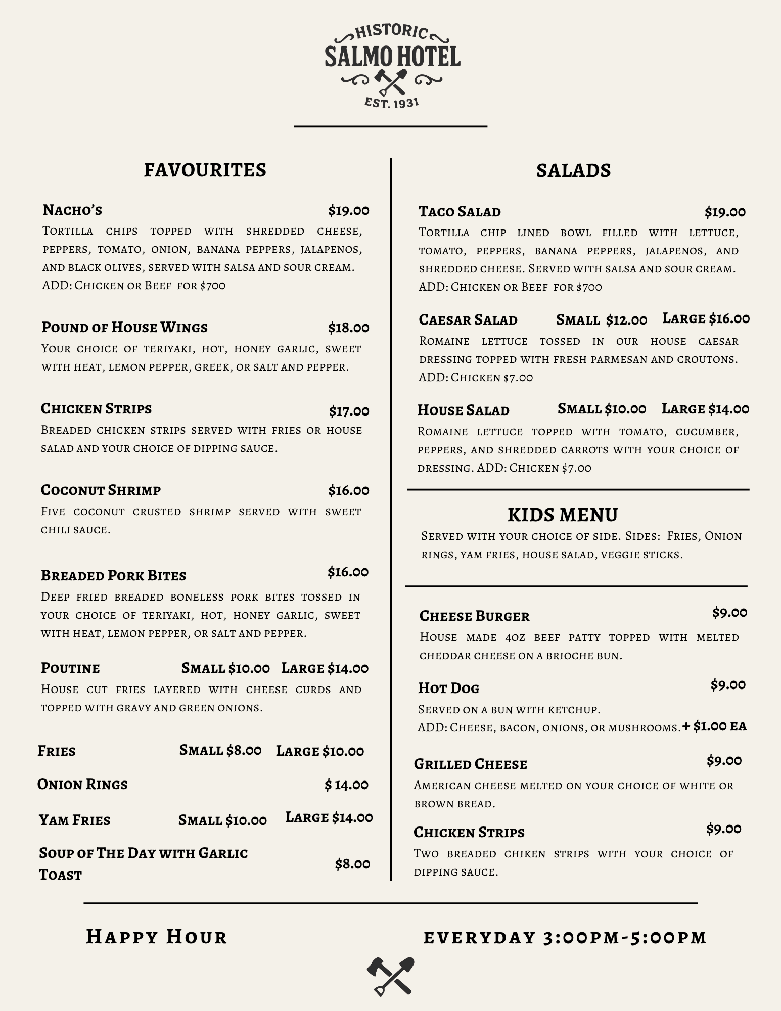 Menu from the Historic Salmo Hotel featuring sections for Favorites, Salads, Kids Menu, and Happy Hour with various food items and prices.