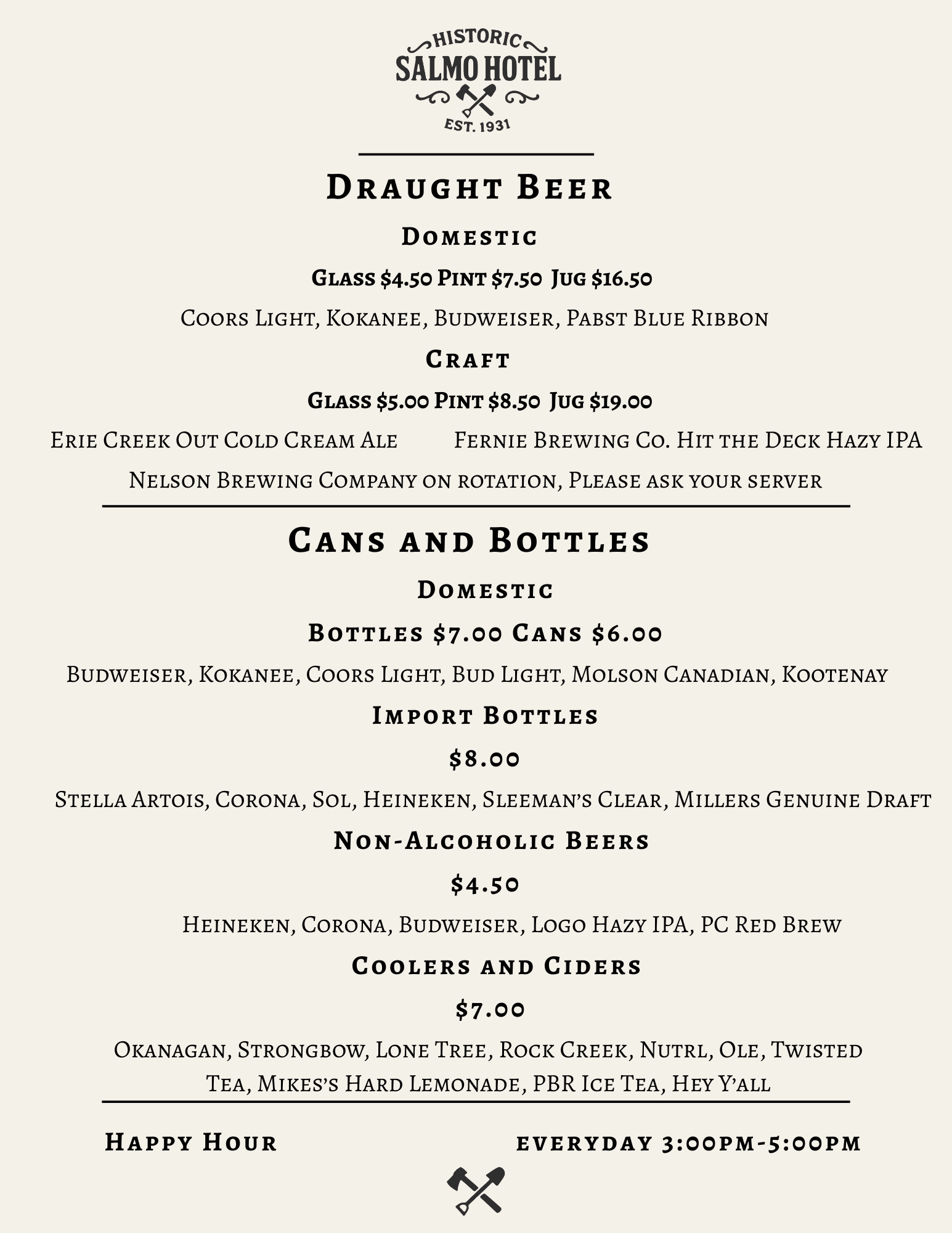 Menu from the Salmo Hotel featuring craft, domestic, import, non-alcoholic, and cooler beers, with prices listed for each category.