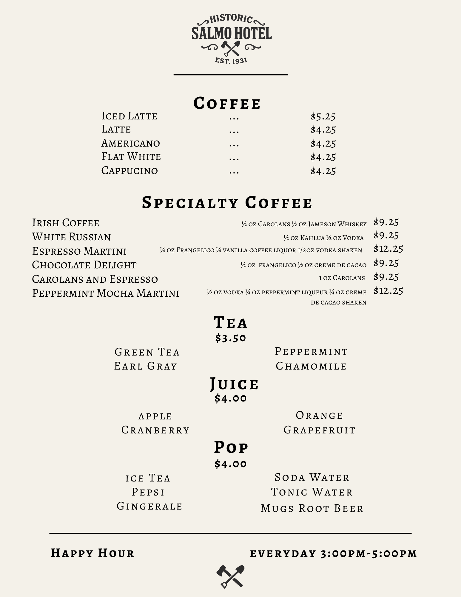 Menu from Salmo Hotel featuring coffee, specialty coffee, tea, juice, and pop drinks.