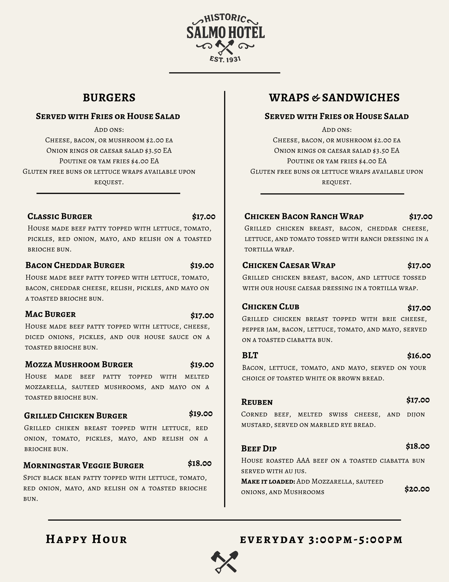 Menu from Salmo Hotel offering burgers and wraps & sandwiches, with options for fries or house salad, and various add-ons, prices, and descriptions.