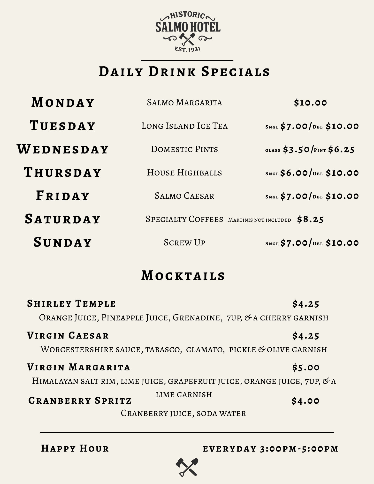 Menu of the Salmo Hotel listing daily drink specials and mocktails with prices, including margaritas, ice tea, domestic pints, highballs, Caesar, specialty coffees, screw-up, and mocktail options like Shirley Temple, Virgin Caesar, Virgin Margarita, and Cranberry Spritz, with happy hour details at the bottom.