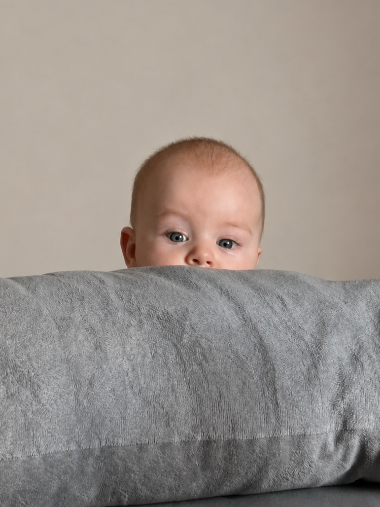 Ein Baby mit hellbraunen Haaren, das hinter einem großen, grauen Kissen hervorspannt und neugierig in die Kamera schaut.