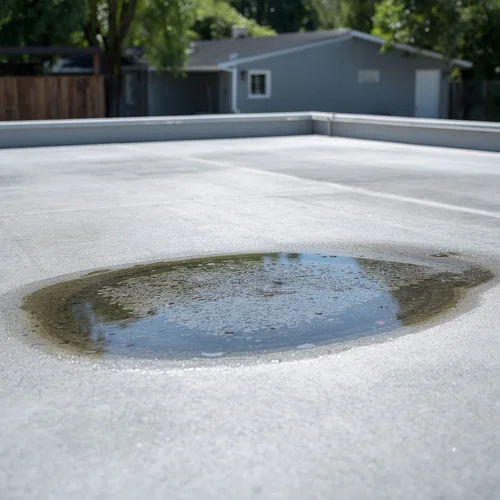 flat roof with standing water puddle near clogged drain