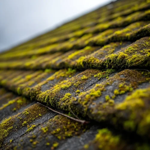 Moss covered roof with trees and dark shingles
