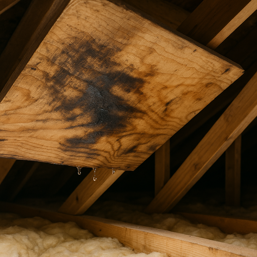 warm moist air rising from house interior toward attic roof deck vents
