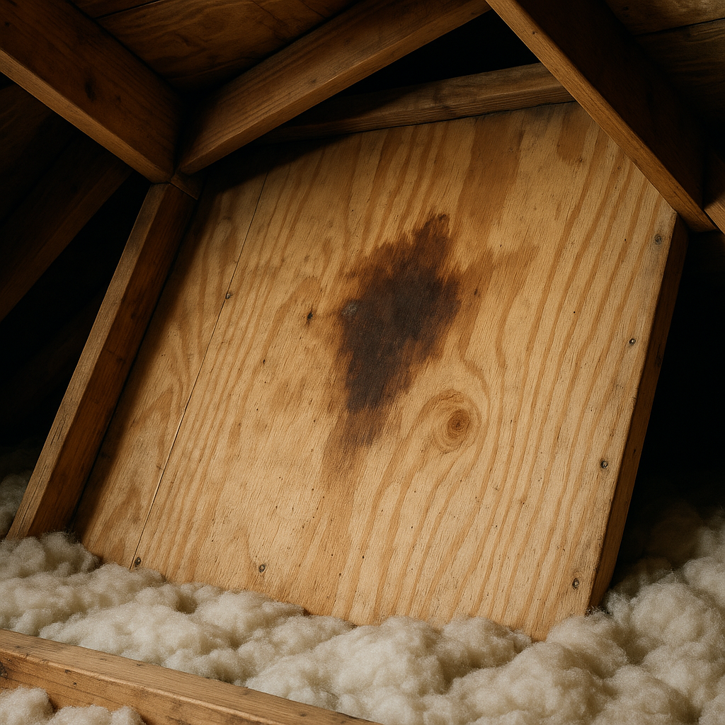 water stain on attic roof decking near chimney