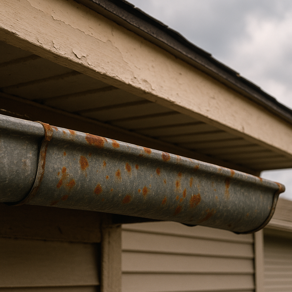 clogged rain gutter overflowing during a storm