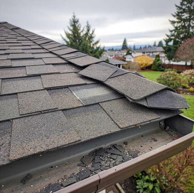 aerial coastal house roof with scattered shingles and lifted flashing