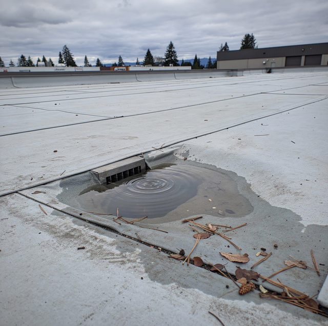 flat roof membrane surface with water pooling and aging cracks