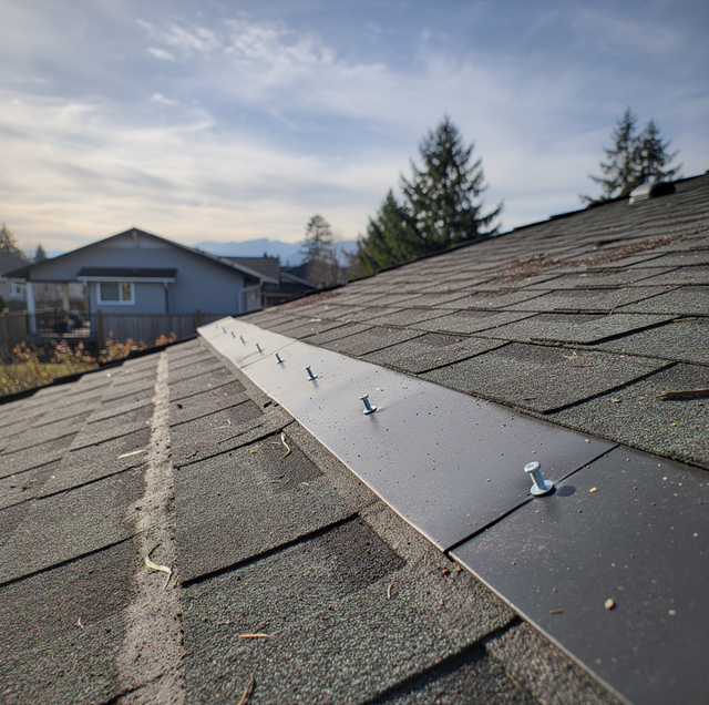 Loose roof shingles on house before winter storm