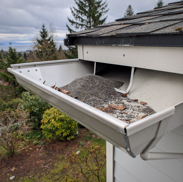 gray asphalt shingle granules collected in roof gutter