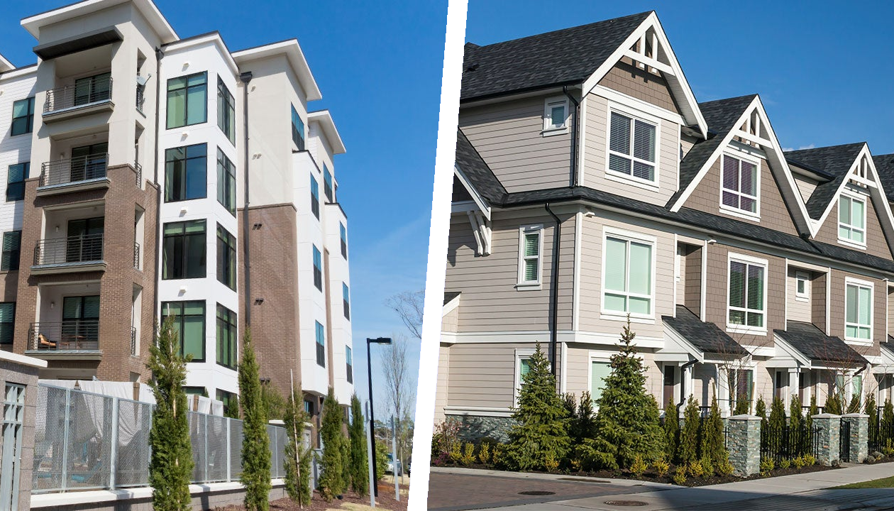 Side-by-side images of residential buildings: on the left, a modern multi-story apartment complex with brick and white exterior, large windows, and balconies; on the right, a row of traditional townhouses with beige siding, gabled roofs, and small front yards with trees and a stone fence.