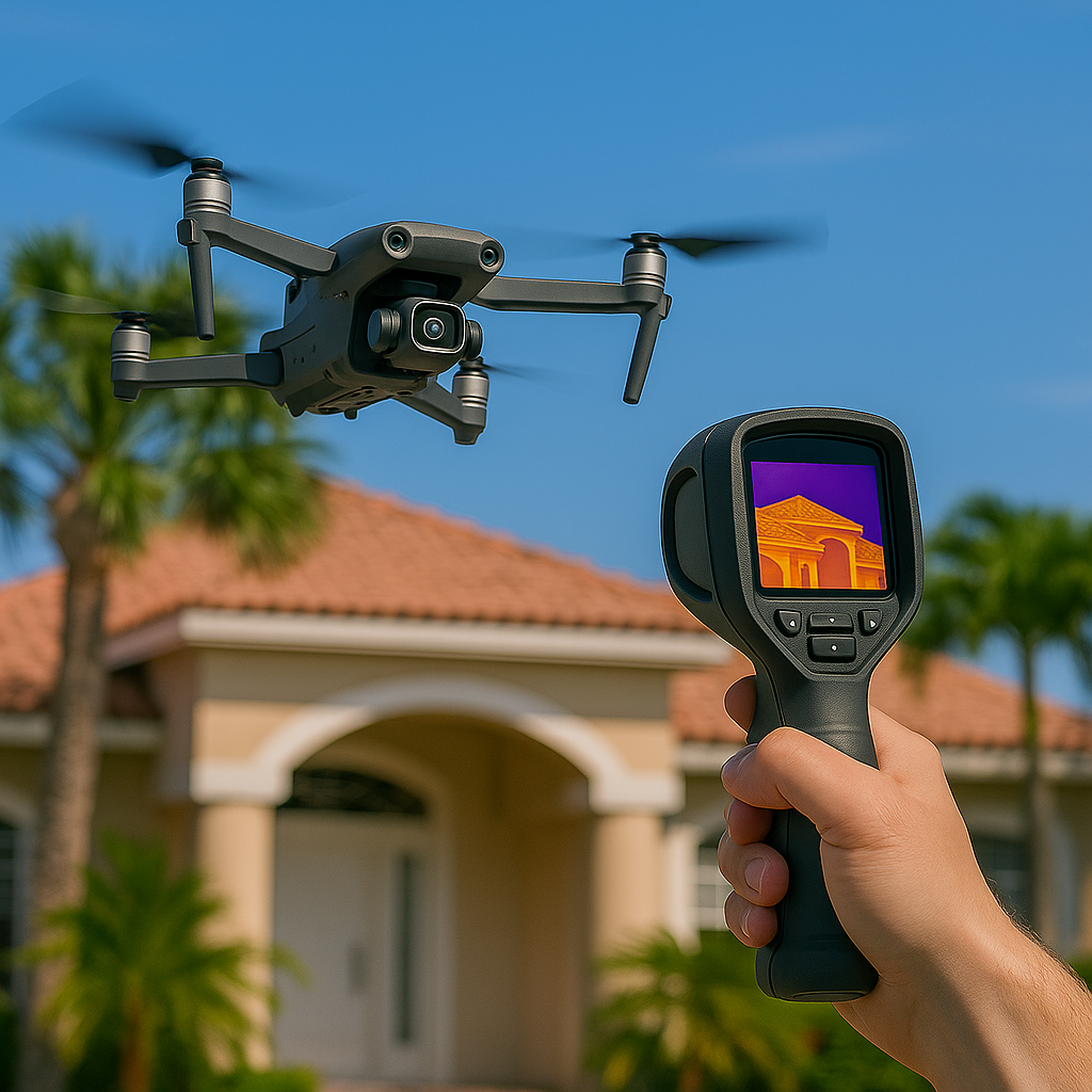 A person operating a thermal imaging camera pointed at a drone flying near a house with palm trees in the background.