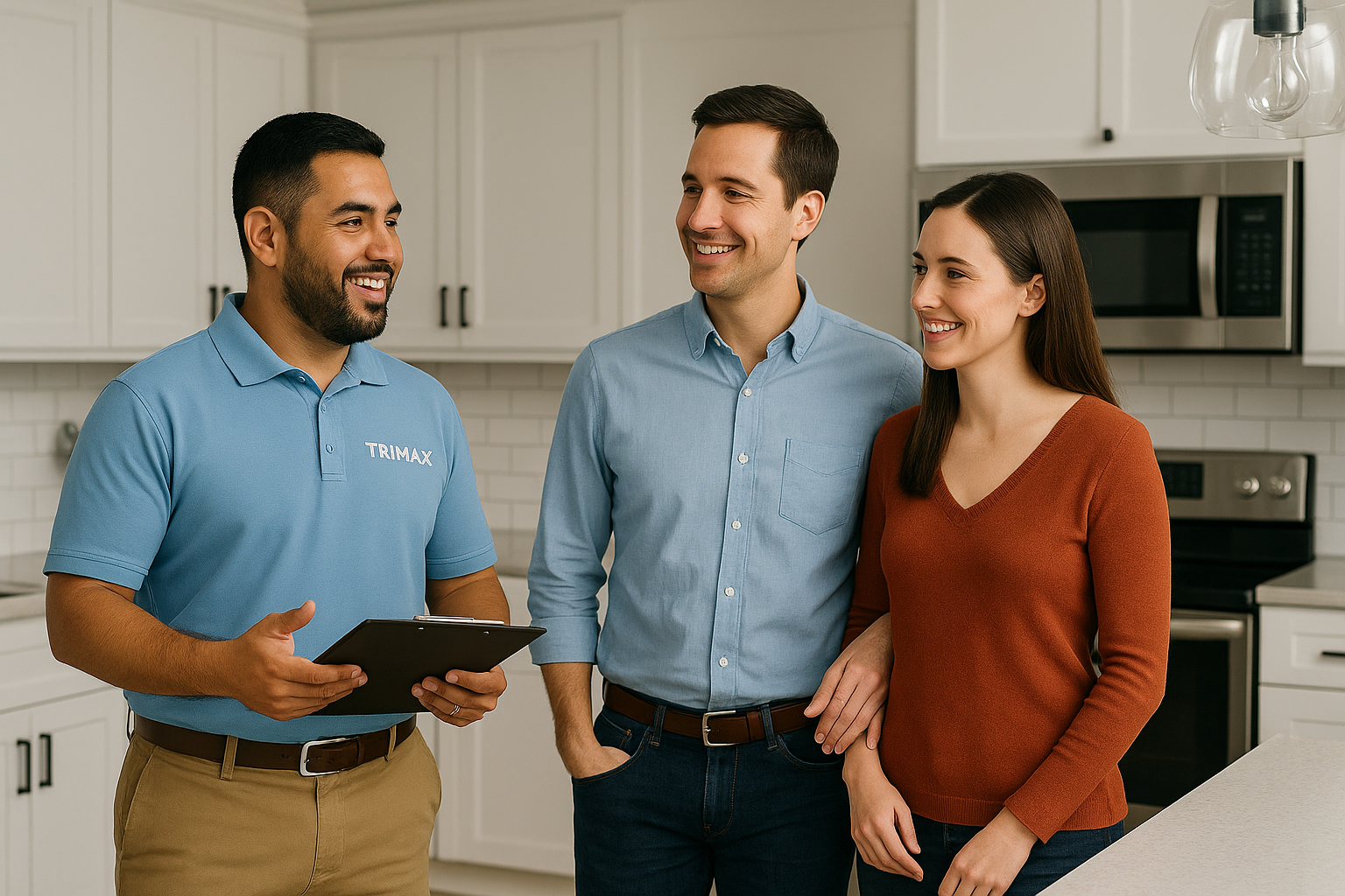A man in a blue shirt holding a clipboard talking to a couple in a modern white kitchen, smiling and engaged in conversation.