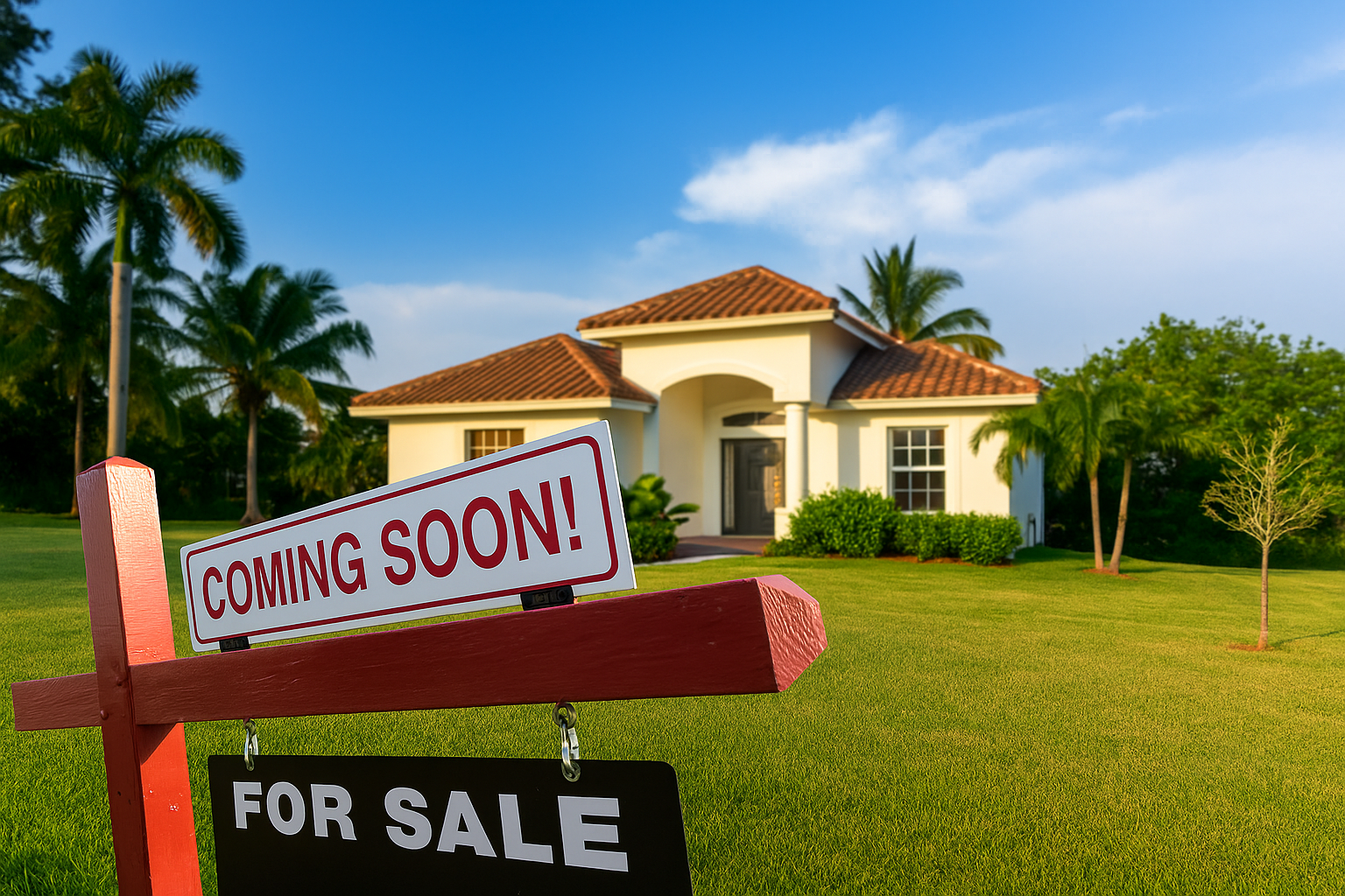 A house with a "Coming Soon!" sign and a "For Sale" sign in the front yard, surrounded by greenery and palm trees, under a blue sky.