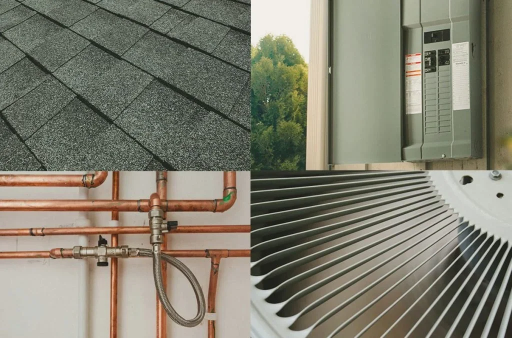 Four quadrants showing a roof shingles, an electrical panel, plumbing pipes with a flexible hose, and a mechanical fan or condenser.