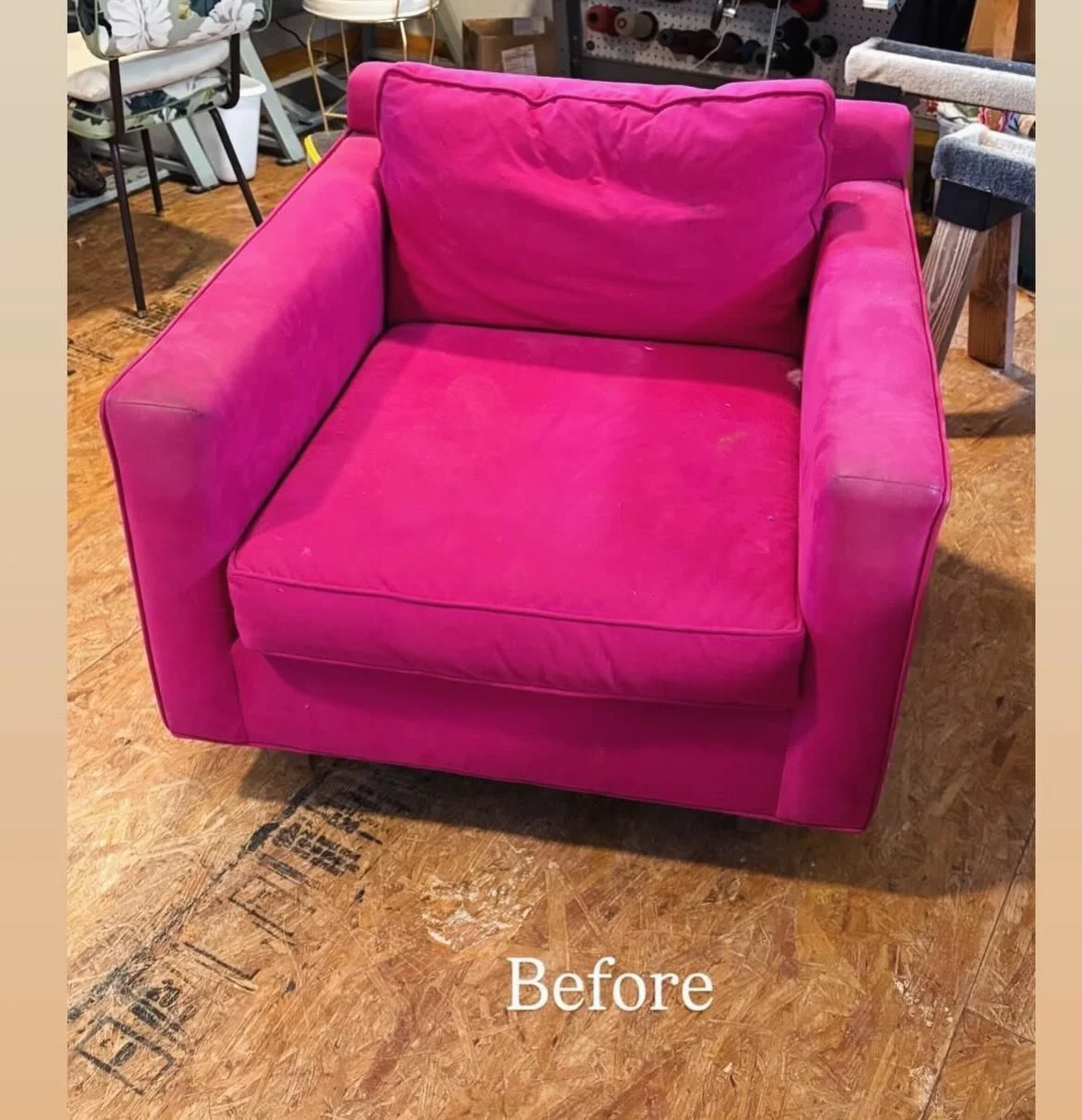 Sweet glow up for this MCM style upholstered armchair. Fun candy fabric available from @magfabrics 🩷💛🩵💚🧡
 
Upholstered by @steakvegas 

#cosechatextiles #teamcosecha #glowup #goodbones #mcmarmchair