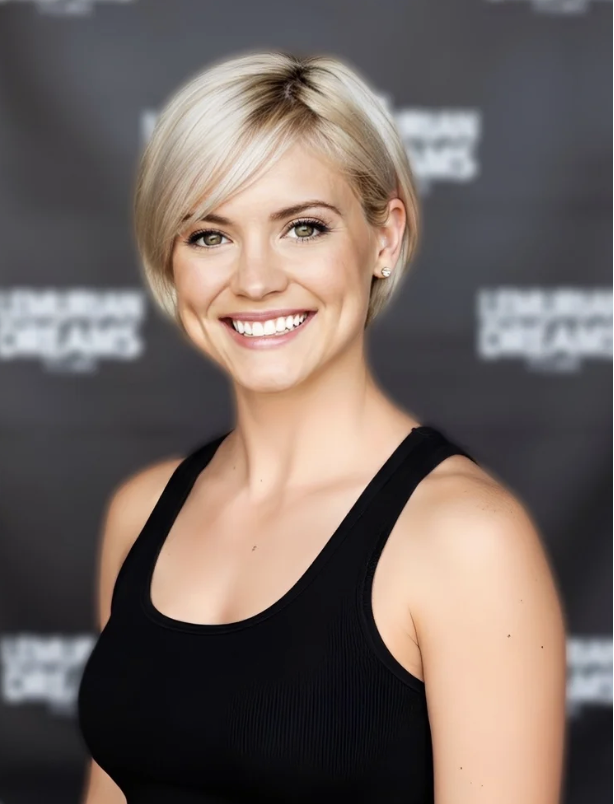 Smiling woman with short blonde hair wearing a black sleeveless top, standing in front of a dark background with a blurred logo.