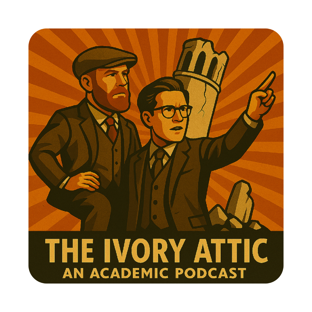 sticker of two men with crumbling ivory tower in back