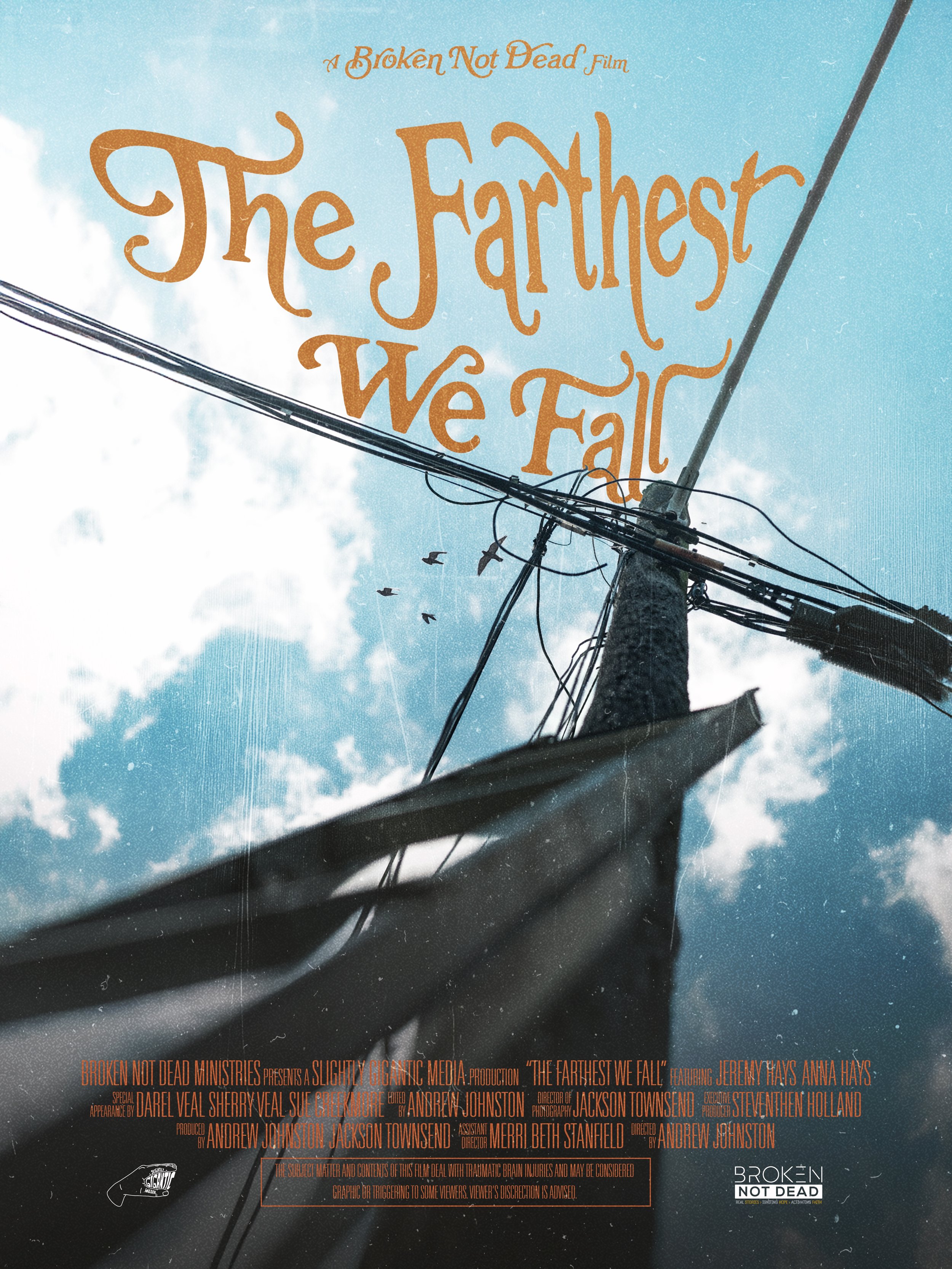 Poster for the film "The Farthest We Fall," featuring an upward view of a utility pole with wires and birds flying in the sky, with clouds in the background.